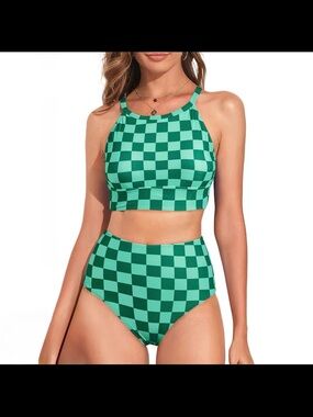 NWT Women size Medium Checkerboard High-Neck Two-Piece Bikini Set in Green